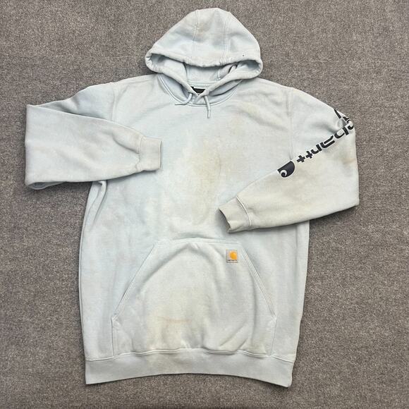 Carhartt Hoodie Men's LT Blue Cotton Logo Fleece Lined Kangaroo Pockets Pullover - Picture 1 of 10